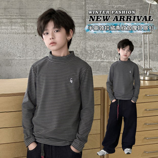 装波拉秋冬bora男童韩版毛衣中大童半高领拉绒条纹保暖加厚打底衫
