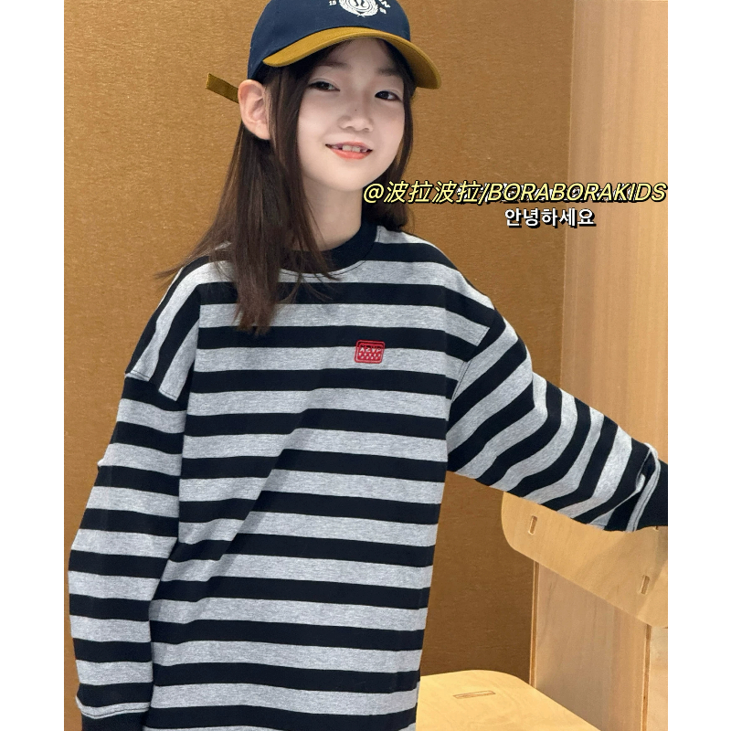 波拉实体店儿童装春季中大青少年男生女孩打底衫条纹卫衣长袖T恤