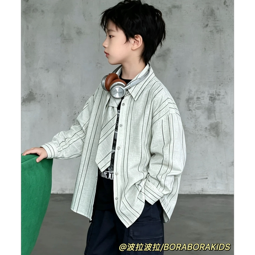 波拉bora儿童装男生女孩纯棉领带衬衫外套秋季款中大童青少年衬衣