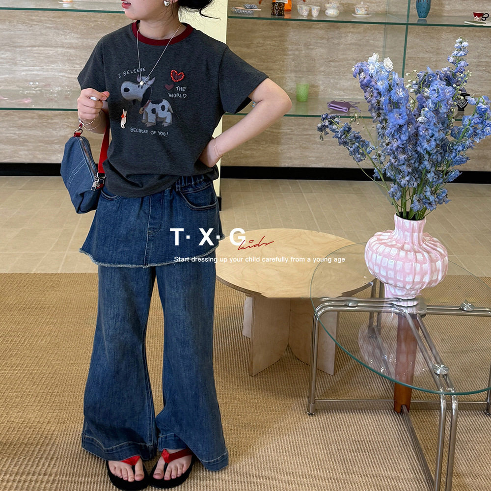 波拉实体店儿童装春季女孩童屁帘喇叭牛仔裤中大童青少年亲子裙裤