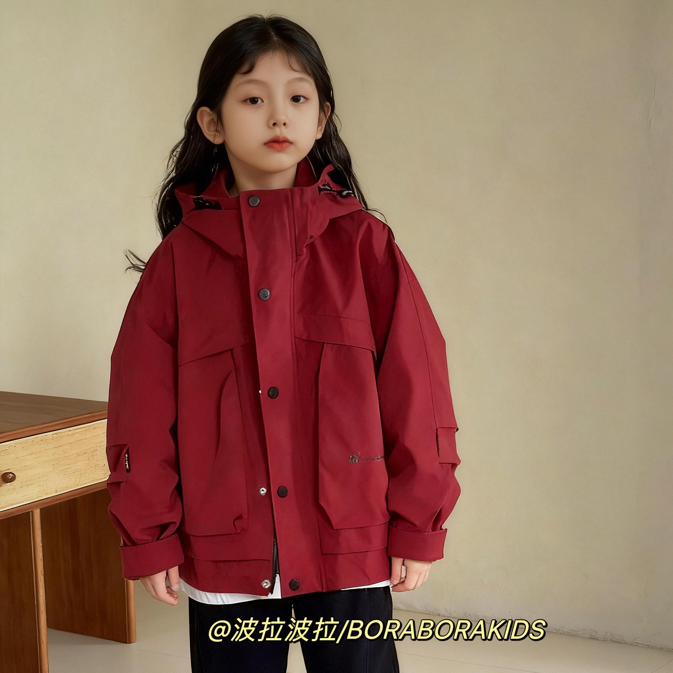 实体店儿童装冬波拉男生女孩小中大青少年连帽红色冲锋衣工装外套