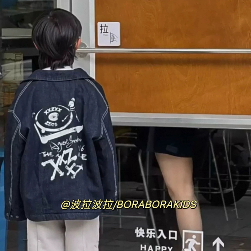 波拉实体店儿童装春季款亲子牛仔衣夹克中大童青少年涂鸦牛仔外套