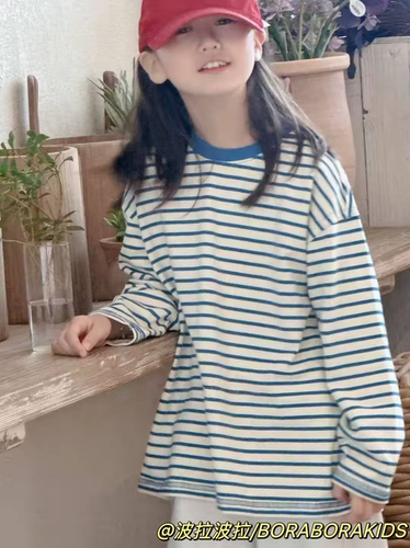 波拉bora儿童装秋季款男生女孩中大童青少年条纹街舞上衣长袖T恤