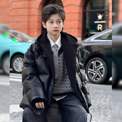 可溯源新国标90白鸭绒儿童pu皮羽绒服 可拆卸假两件男童羽绒外套