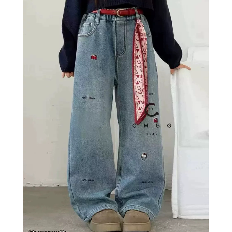 实体店儿童装中大女童女孩波拉亲子装春冬裤子刺绣加绒直筒牛仔裤