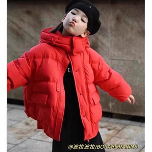 波拉男生女孩冬季儿童红色过年装中大新年衣服90白鸭绒羽绒服外套