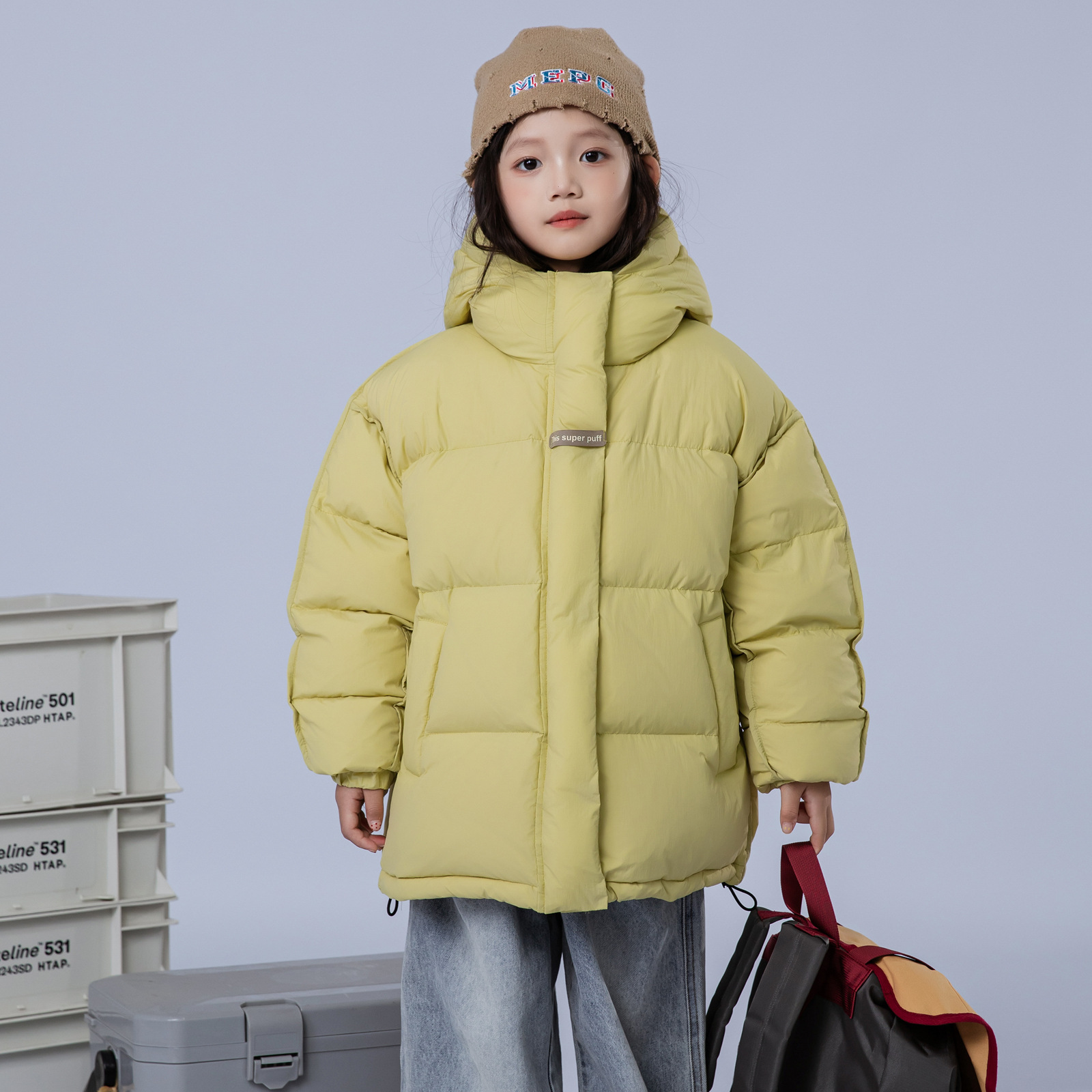 2025年秋冬bora韩版短款男童女童中大童加厚连帽宝宝白鸭绒外套潮