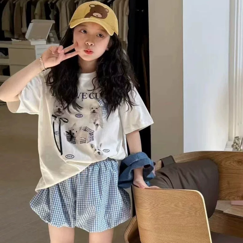 波拉实体店儿童装夏季款女童韩系狗狗甜美蝴蝶结宽松短袖T恤上衣