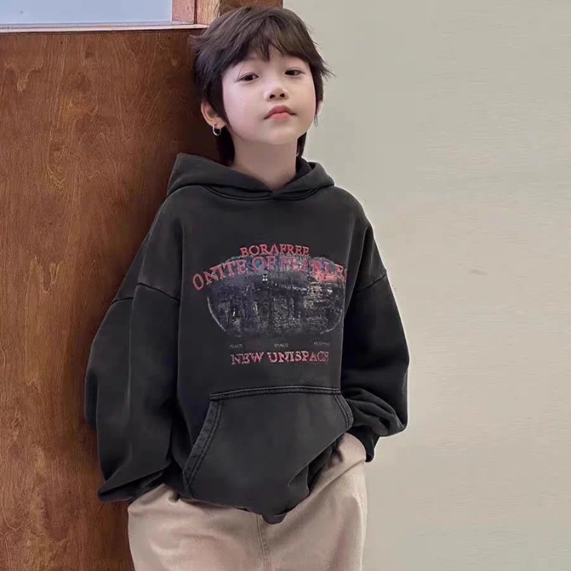 波拉bora儿童装男生女孩秋装连帽衫上衣中大童青少年复古炒色卫衣