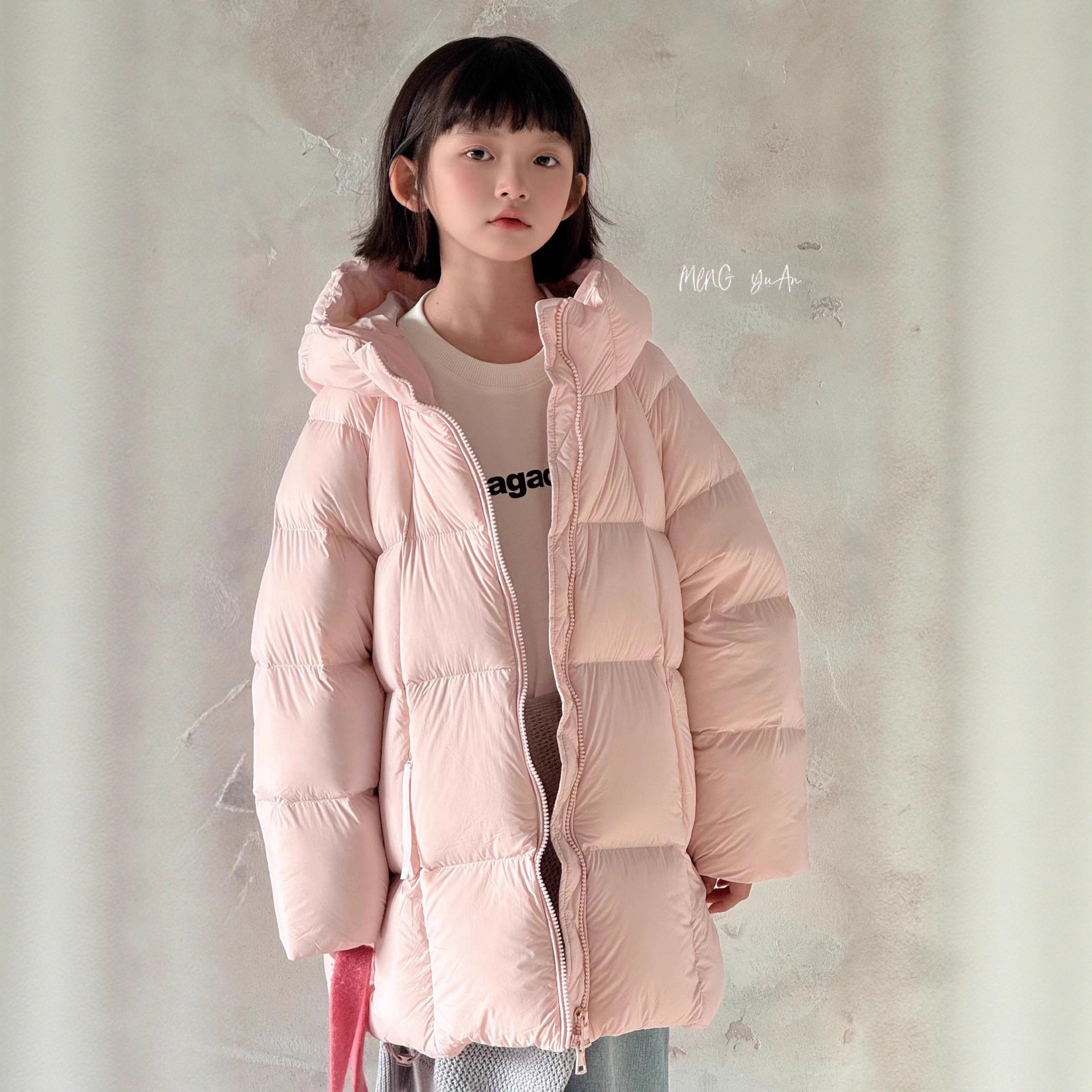 韩国童装中长款羽绒服波拉冬bora加厚女童90绒泡芙连帽面包服外套