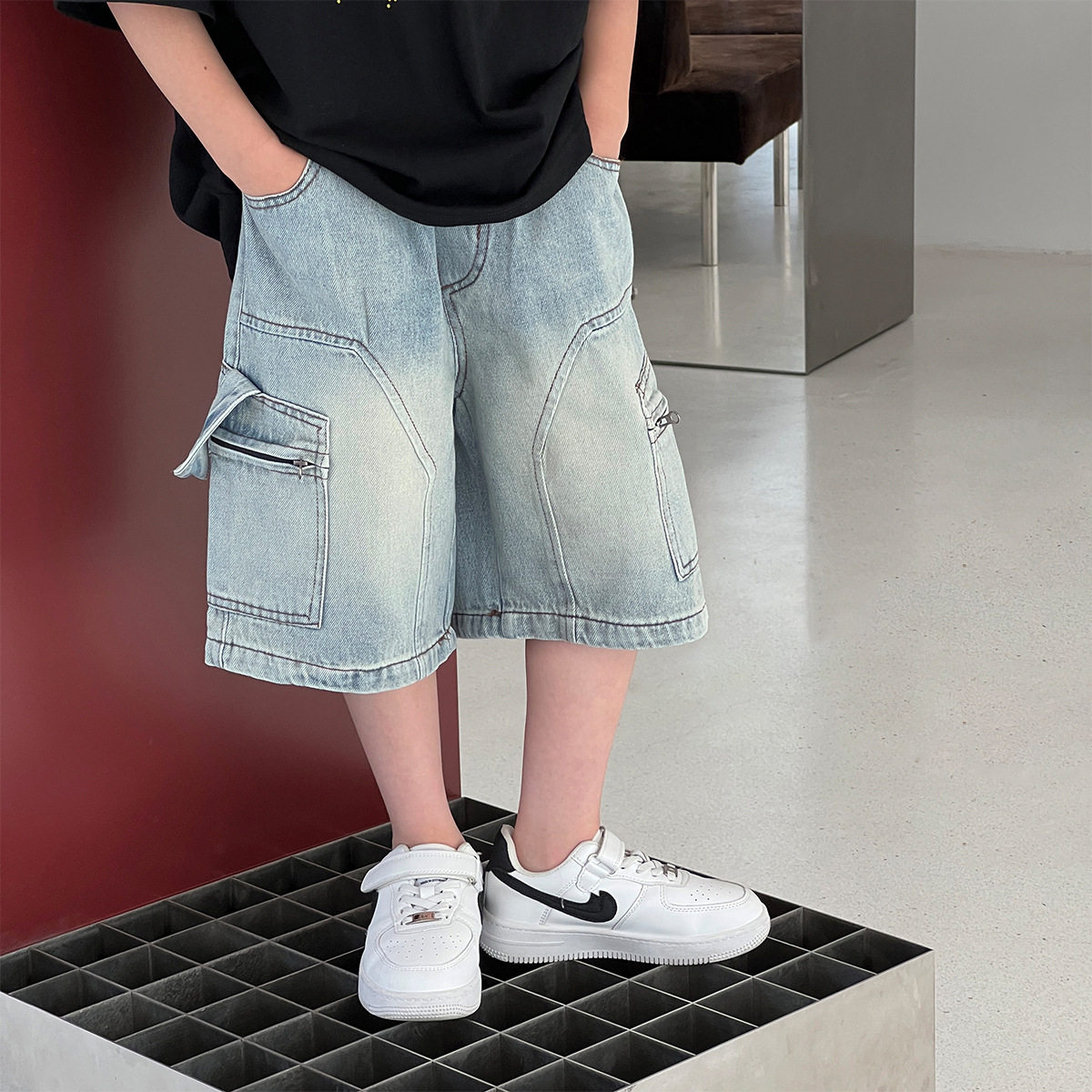 儿童装男童女童新品夏季韩版时尚复古做旧个性渐变牛仔短裤五分裤