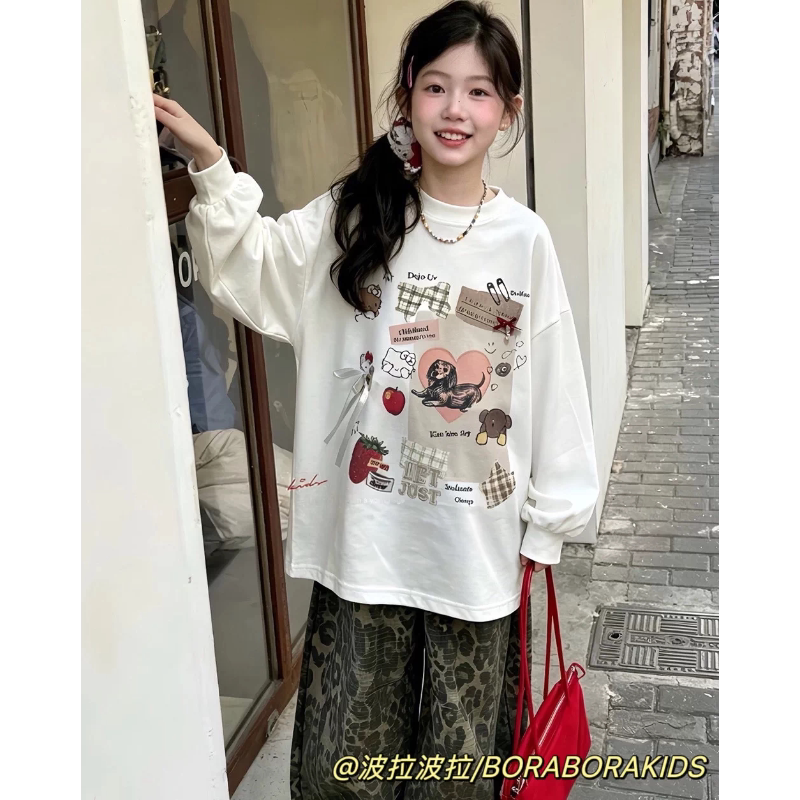 波拉bora儿童装秋冬季女孩童中大童青少年卡通上衣长袖T恤打底衫