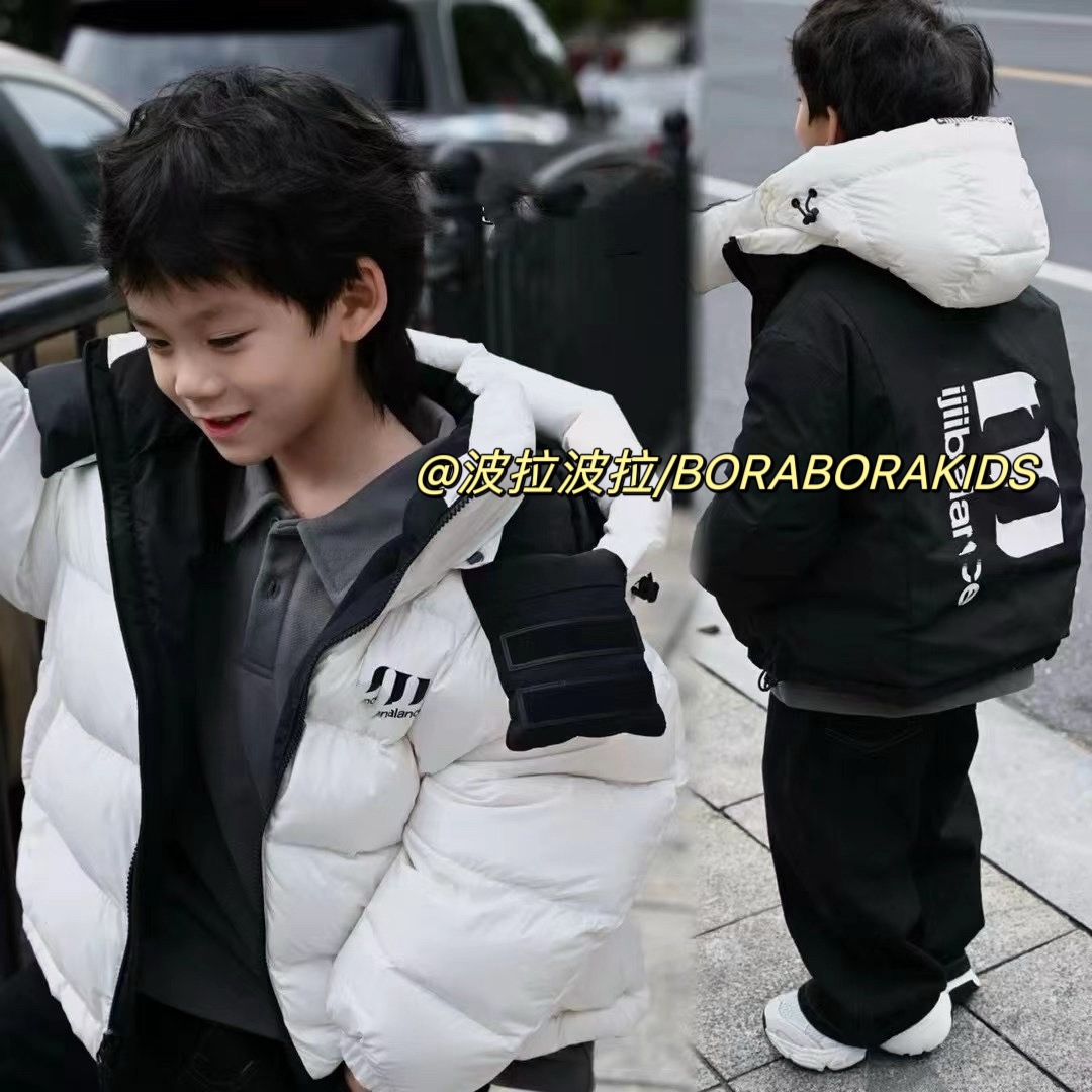 波拉韩国冬男生女孩小中大儿童装青少年90白鹅绒连帽两面穿羽绒服
