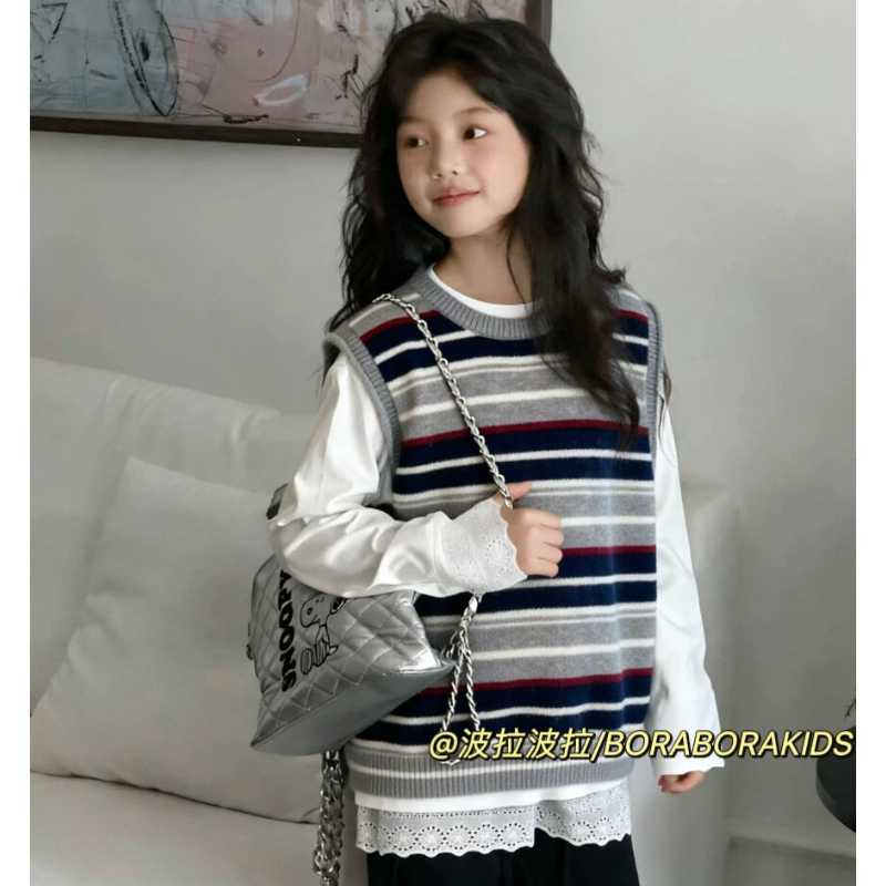 波拉实体店儿童装男生女孩中大童青少年春装亲子条纹针织背心马甲