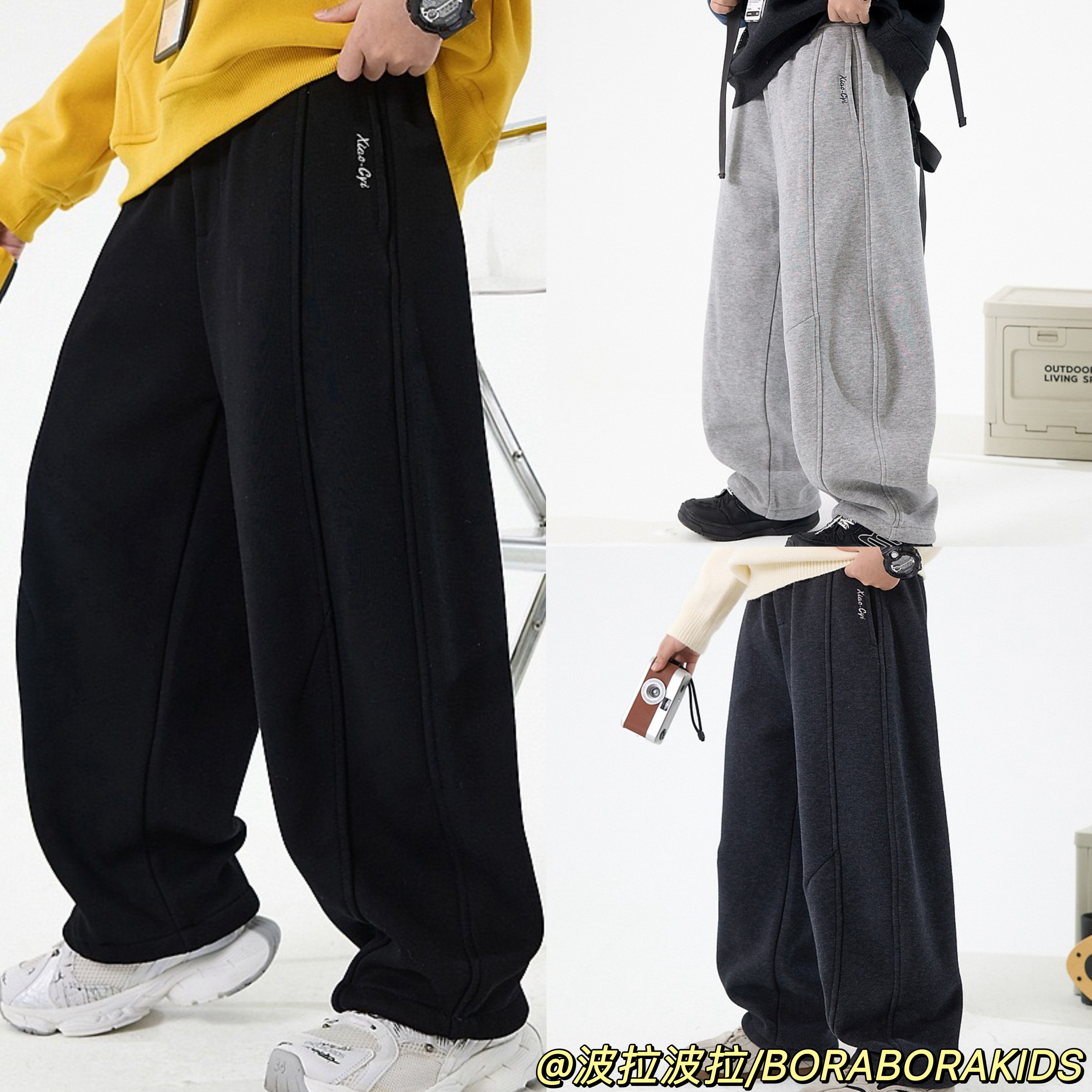 实体店儿童装波拉男大童冬季加绒运动休闲卫裤青少年加厚直筒裤子