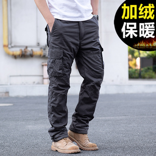 加绒工装 中年多袋休闲长裤 裤 子加厚男士 外穿直筒宽松保暖棉裤 冬季