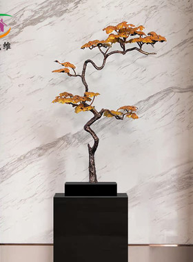 新中式招财迎客松客厅玄关摆件酒店大堂铁艺金属松树雕塑落地装饰