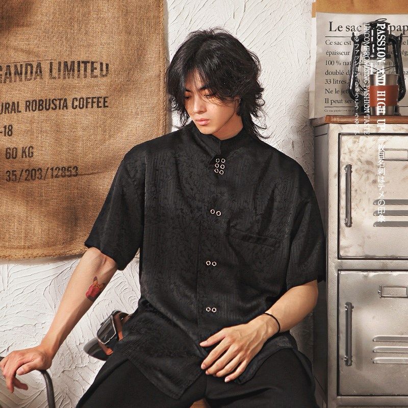 2024年夏季新款宽松国风新中式休闲国潮立领短袖衬衫男五分袖上衣