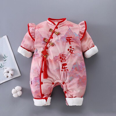 0一6月婴d儿冬装连体衣中国风女孩棉服七月龄宝宝衣服冬季加厚哈