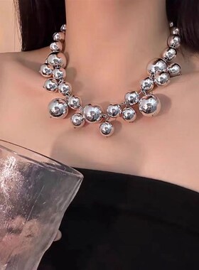 简约气质短款锁骨链女高级感冷淡风银色大串珠项链设计感小众颈链