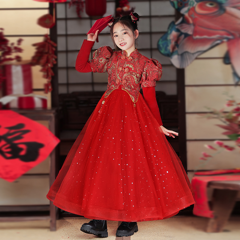 公主裙女童秋冬2j023冬装儿童礼服女孩洋装旗袍红色汉服裙子冬季