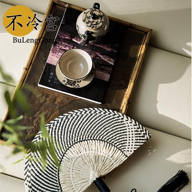 新中式古典手工草编扇茶具摆件展厅样板别墅房书房茶几装饰摆件