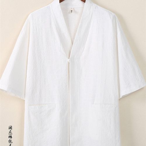 夏季中国风男装短袖亚麻衬衫宽松大码唐装中式棉麻上衣居士禅茶服