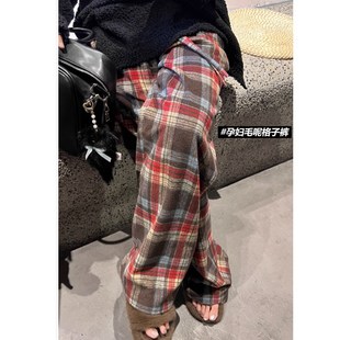 休闲直筒裤 宽松显瘦百搭加厚毛呢阔腿拖地裤 外穿秋冬季 孕妇格子裤