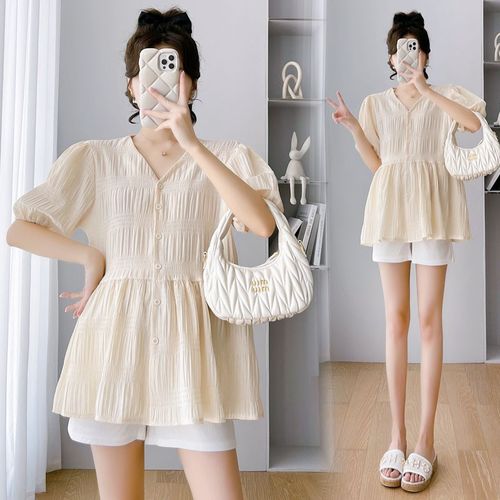 2024孕妇装夏季新款法式V领温柔宽松娃娃衫洋气潮妈时尚显瘦上衣