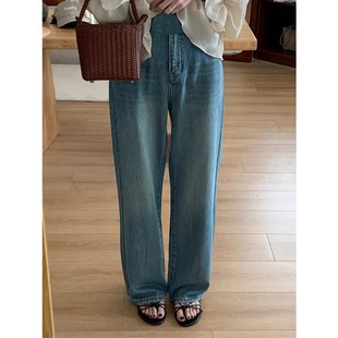 秋冬加绒复古蓝百搭阔腿直筒裤 孕妇拖地牛仔裤 春秋外穿宽松休闲裤