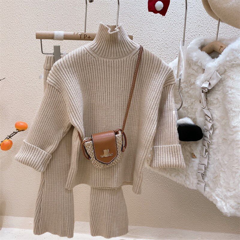 童装202d5秋冬女童纯色毛衣打底衫喇叭裤套装宝宝休闲螺纹两件套