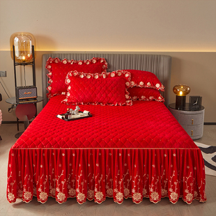 宝宝绒加厚床裙床套罩单件床罩三件套裙式 公主风绣花床垫套水晶绒