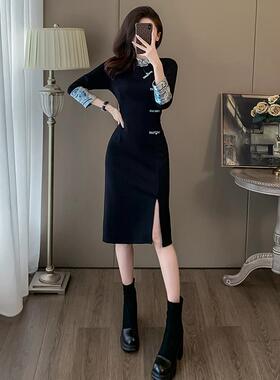 新中式中国风黑色连衣裙女秋冬高端精致加绒加厚超好看Z显瘦旗袍