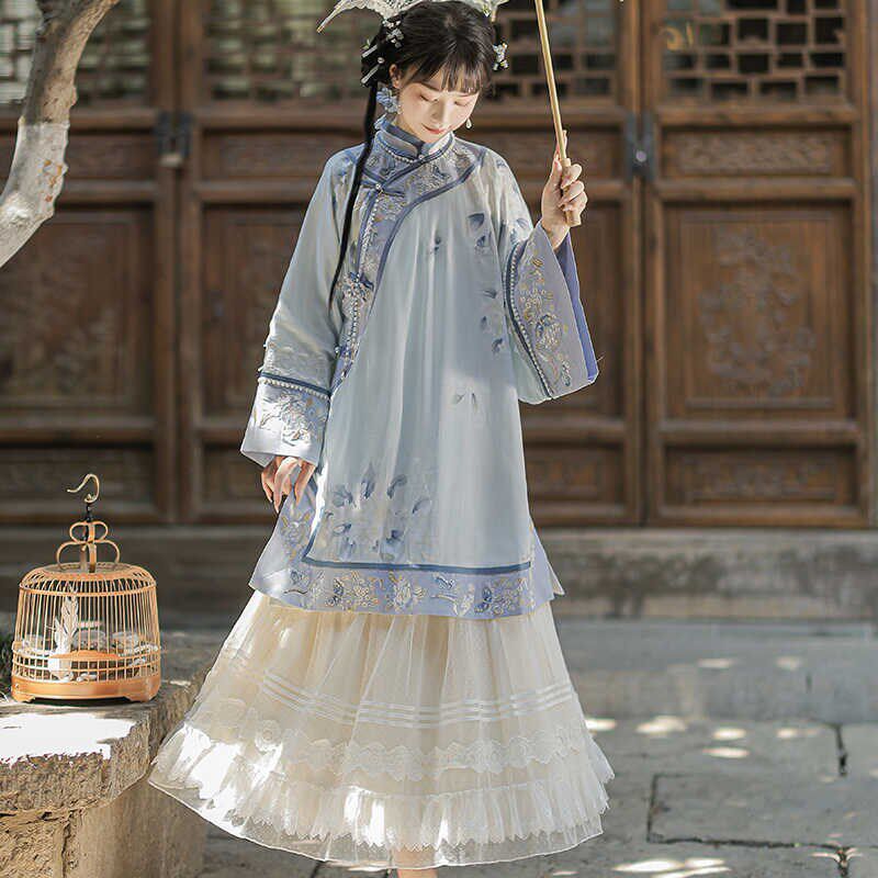 清汉女斜襟立领长衫蕾丝半身裙z套装重工刺绣清代服饰汉洋折衷古