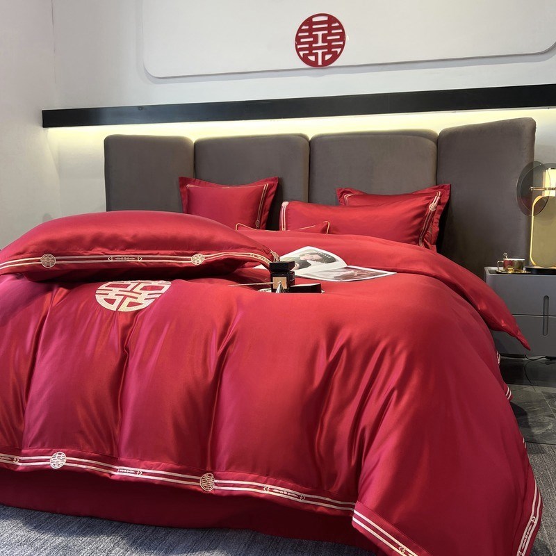 婚庆四件套中式简约结婚大红色床单被套全棉纯棉高档床Z上用品婚