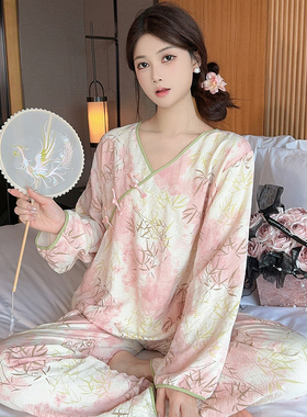 新中式国风竹叶睡衣女春款带胸垫长袖长裤甜美少女家居服套装a3