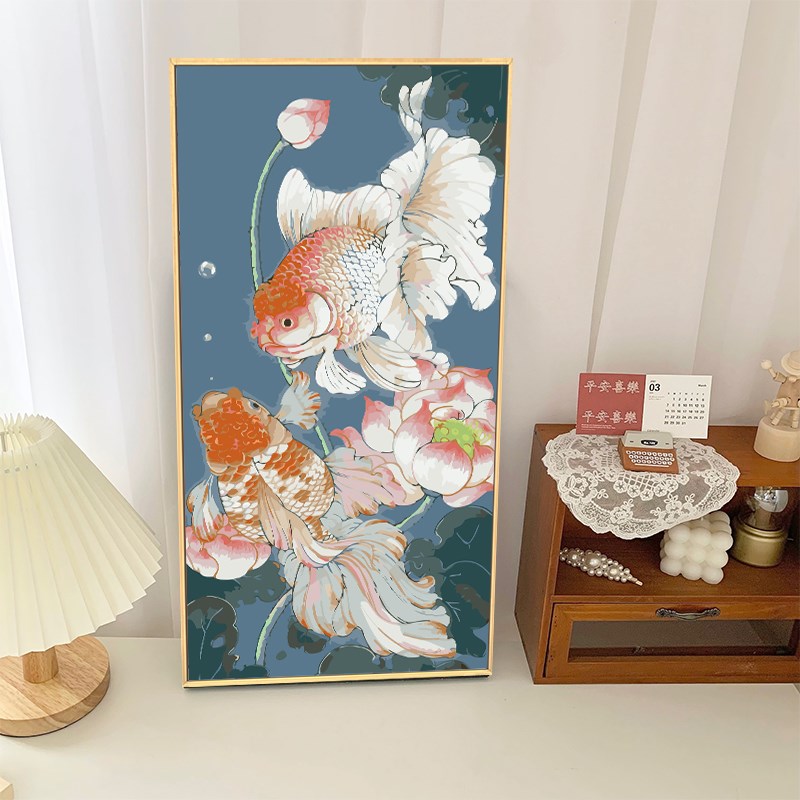 荷花锦鲤数字油画diy填充填色手工绘中国风丙烯油彩画客厅装饰画图片