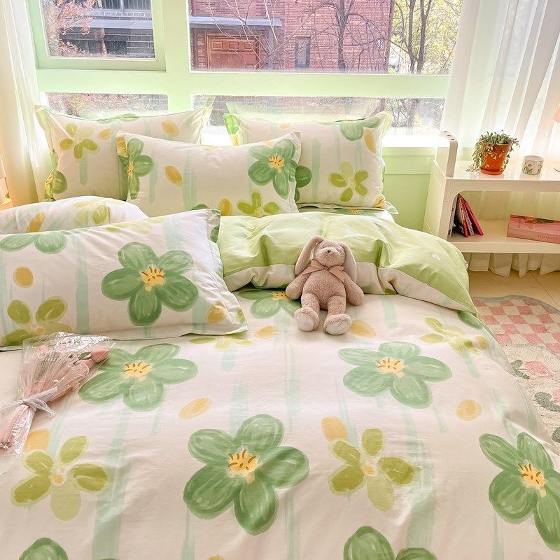 小清新床上四件套全棉纯棉床单被套一1米5五2二8八乘两绿色三件套