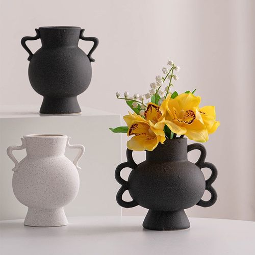现代侘寂风哑光色磨砂粗陶带耳陶瓷花器酒店民宿客厅桌面书柜摆件