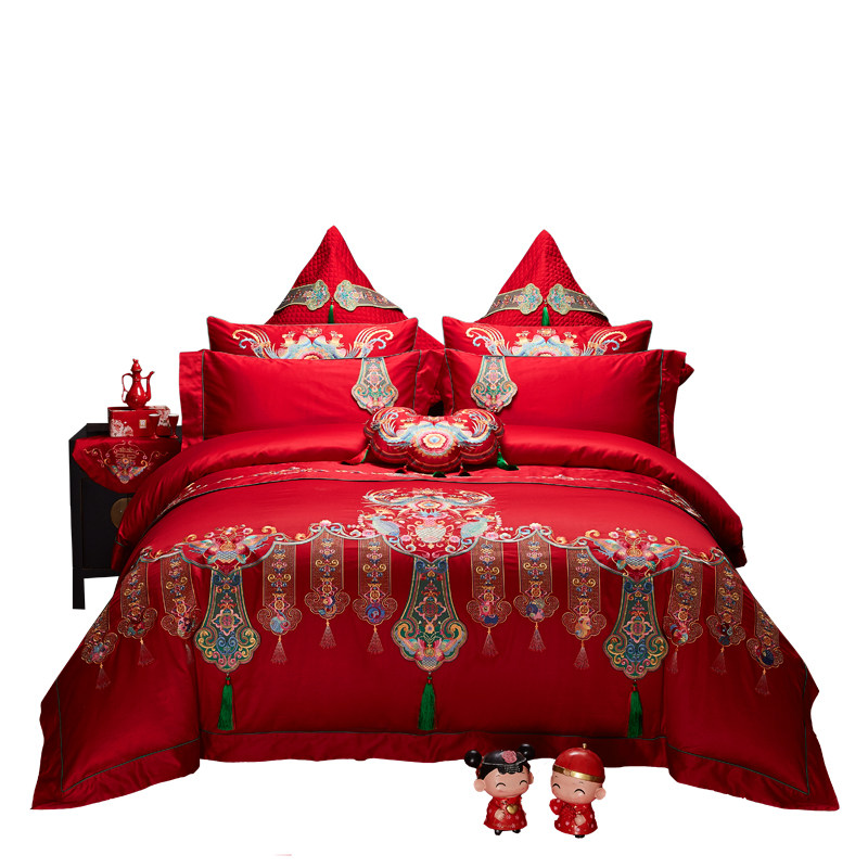 中式大红婚庆四件套全棉刺绣新婚床品结婚八十二件套陪嫁床上用品