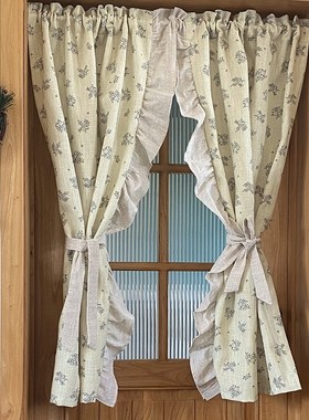 南法风田园奶油ins风暖黄色小花荷叶边窗帘半帘穿杆隔断帘