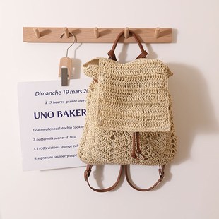 韩版 钩针镂空草包编织包女海边度假沙滩包书包 简约草编双肩包新款