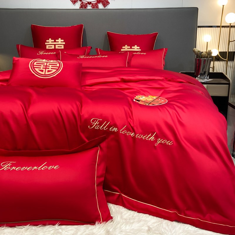 2024新款结婚床上用品四件套高级感婚庆婚房床单被套红色被罩