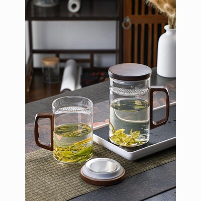 家用茶杯防爆加厚玻璃杯带盖把手耐高温大容量茶杯防烫有盖
