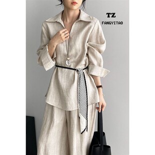 老钱风V领亚麻套装秋季慵懒气质宽松系带长袖衬衫+阔腿裤两件套女