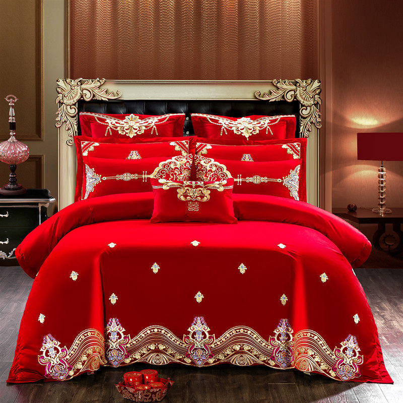 新婚庆四件套大红全棉刺绣结婚房嫁喜被龙凤六十件套床上用品