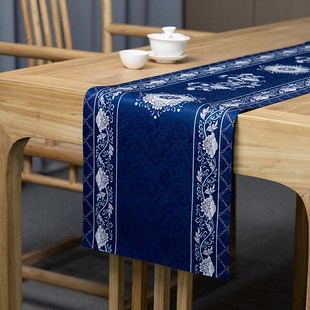 幽花团簇纹中式桌旗茶席垫子高端现代桌旗布茶旗茶几餐桌茶桌垫布