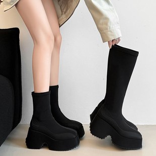 9cm厚底高跟弹力瘦瘦靴女英伦风辣妹洋气高筒袜靴百搭松糕短靴子