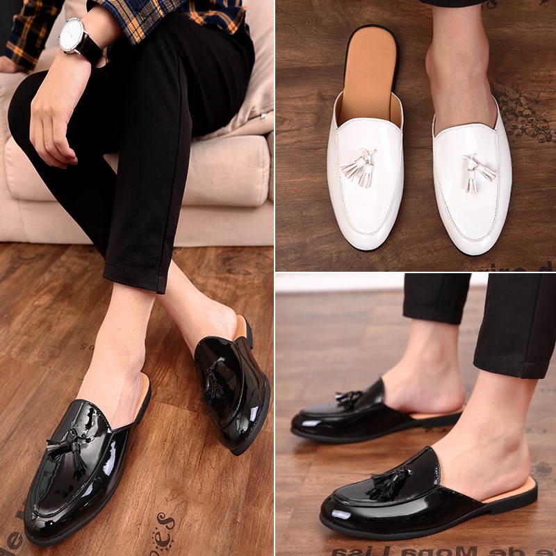 白色尖头皮拖鞋男士凉鞋透气无后跟懒人凉拖包头拖鞋室内试衣间鞋