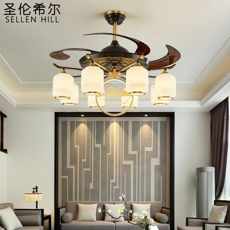 新中无品牌/式铜全客吊灯带风扇灯形禅意复厅古大气餐厅卧室隐吊